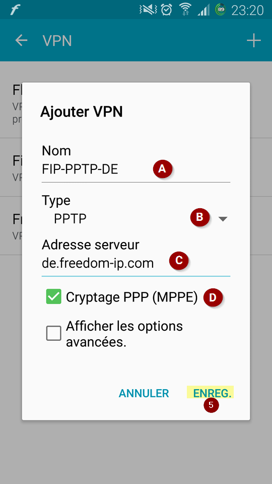 Formulaire pour configurer une nouvelle connexion VPN