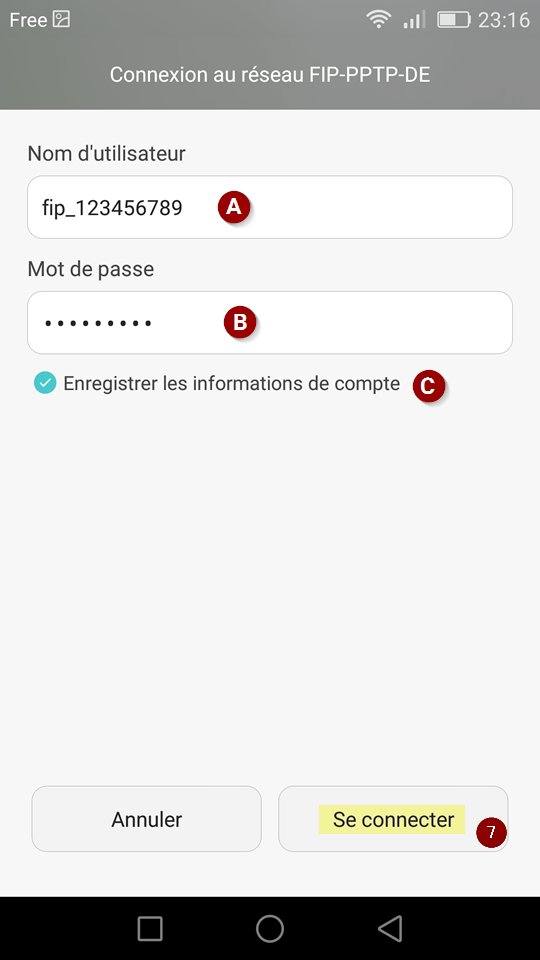 Formulaire pour renseigner votre code utilisateur et votre mot de passe PPTP